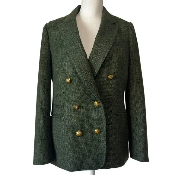 J.Crew Bristol Blazer Jacket Double Breasted Herringbone Wool Green Size 8 - Picture 3 of 10